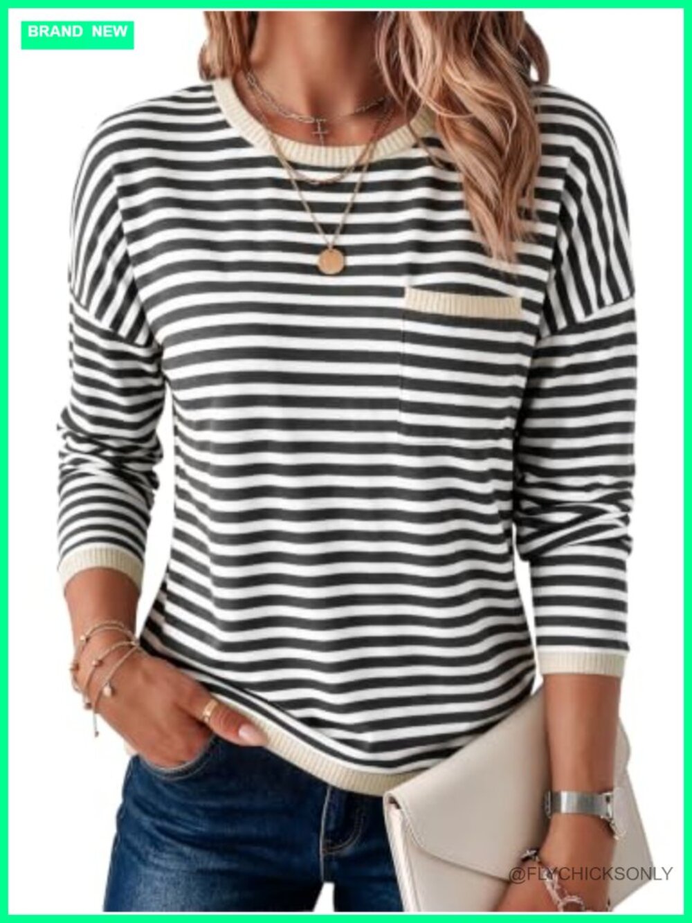 Womens Striped Lightweight Knit Cotton Oversized Crewneck Sweater